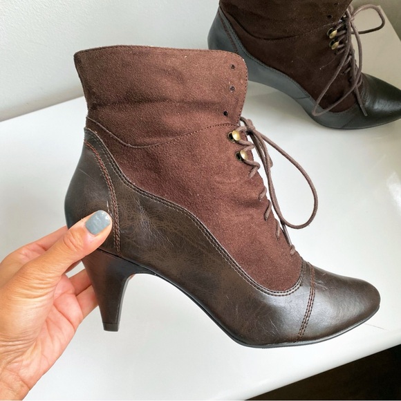 🍂 RED LEVEL BURGUNDY BROWN FAUX LEATHER SUEDE HEEL BOOTIES! - Picture 9 of 17